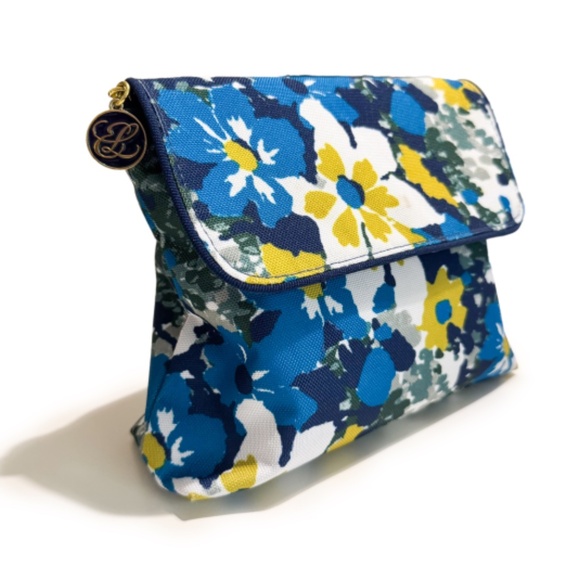 NEW ESTEE LAUDER Vtg Blue Yellow White Flowers Zipper Travel Makeup Cosmetic Bag - Picture 2 of 8